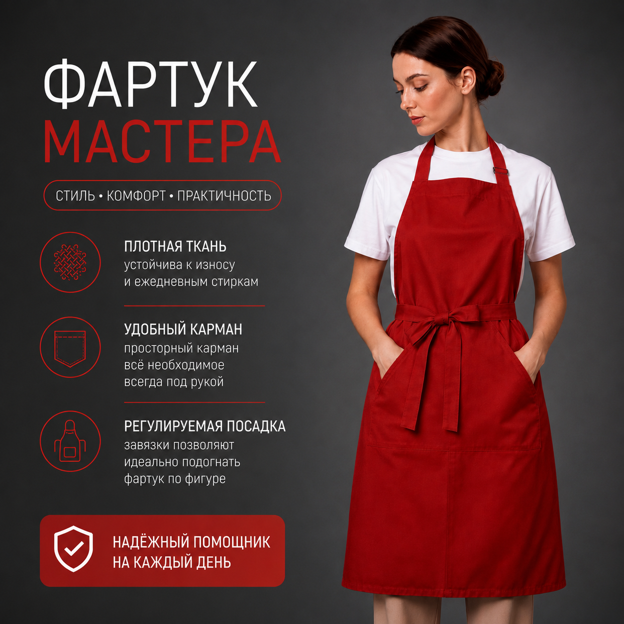 Фартук мастера, тканевый, красный