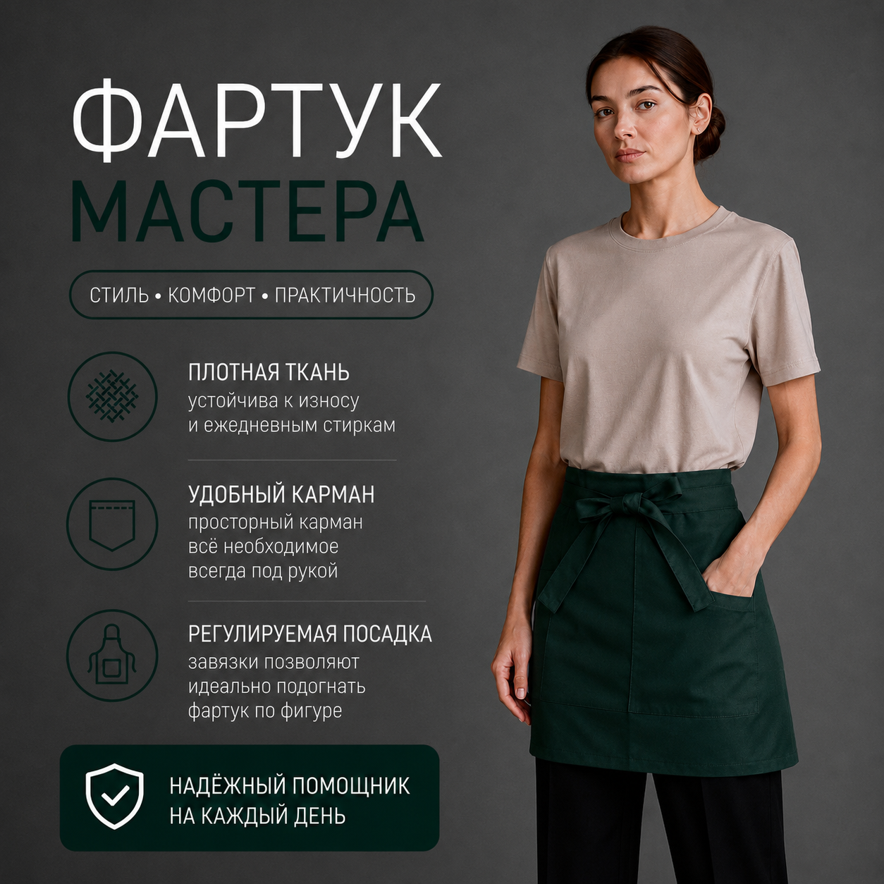 Фартук мастера мини, тканевый, изумрудный