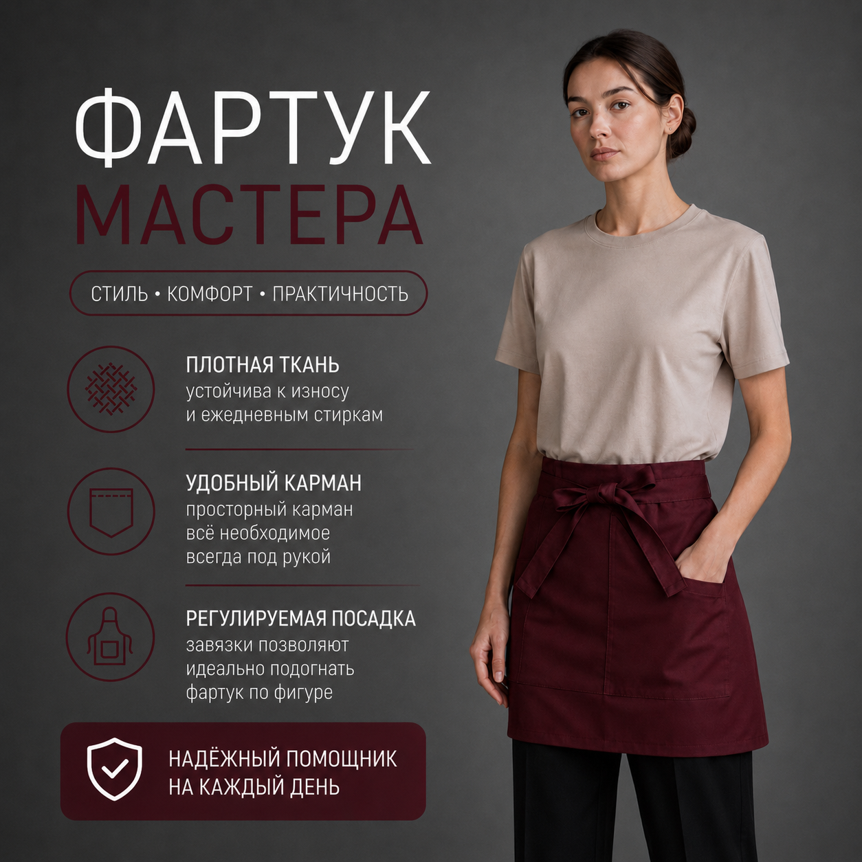 Фартук мастера мини, тканевый, бордовый
